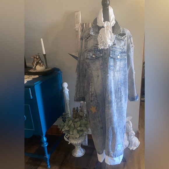 Vintage Upcycled Maxi Denim Jacket Primitive Moon & Stars Boho Shabby Country 3X - Picture 5 of 16